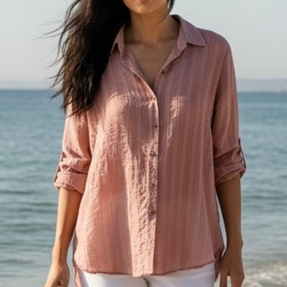 Chicos Womens Sz2.5/US14 Pink Striped Metallic Lyocell Button Down Shirt Classic